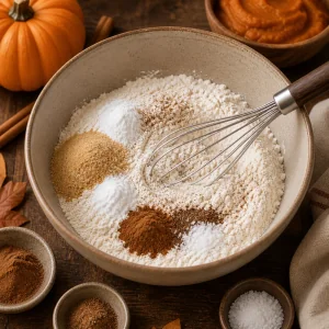 Ingredientes secos para gofres con canela y nuez moscada en un bol