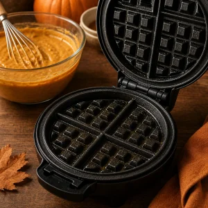 Gofrera abierta ligeramente engrasada junto a masa de calabaza