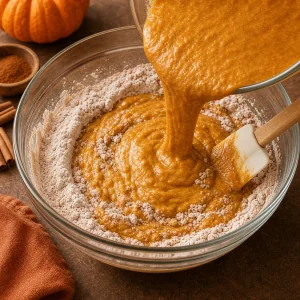 Masa de calabaza vertida en ingredientes secos y mezclada suavemente