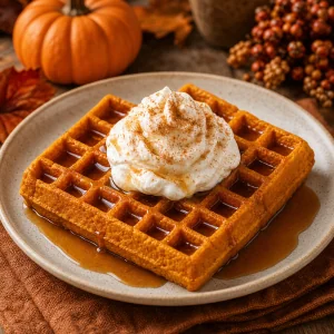 Gofre de calabaza con crema batida, jarabe de arce y canela