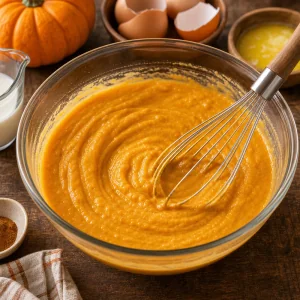 Mezcla suave de pure de calabaza con leche, huevos y mantequilla