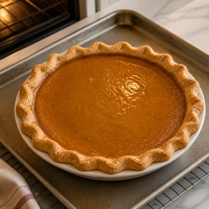Freshly baked maple sugar pie on a rimmed baking sheet