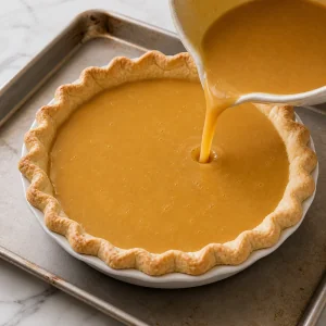Maple custard poured into a warm pie crust on a sheet pan