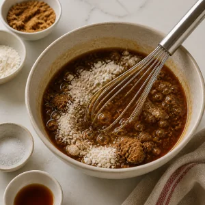 Maple syrup mixture with brown sugar and flour being whisked