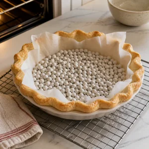 Pie crust lined with parchment and filled with pie weights