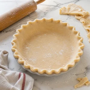 Pie dough fitted into a crimped pie plate