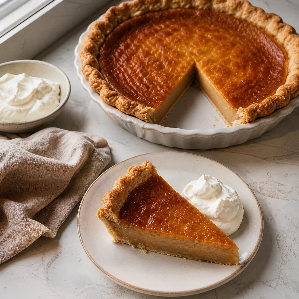 Quebec maple sugar pie with a sliced wedge and whipped cream