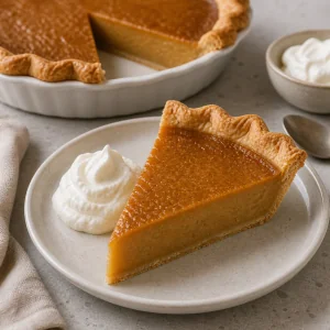 Slice of maple sugar pie served with whipped cream