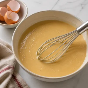 Smooth maple custard in a mixing bowl with a whisk