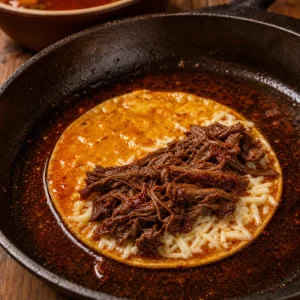 Consomme-dipped tortilla topped with beef and cheese