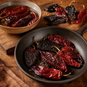 Dried chiles toasting in a skillet