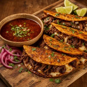 Quesabirria tacos served with consomme and pickled onions