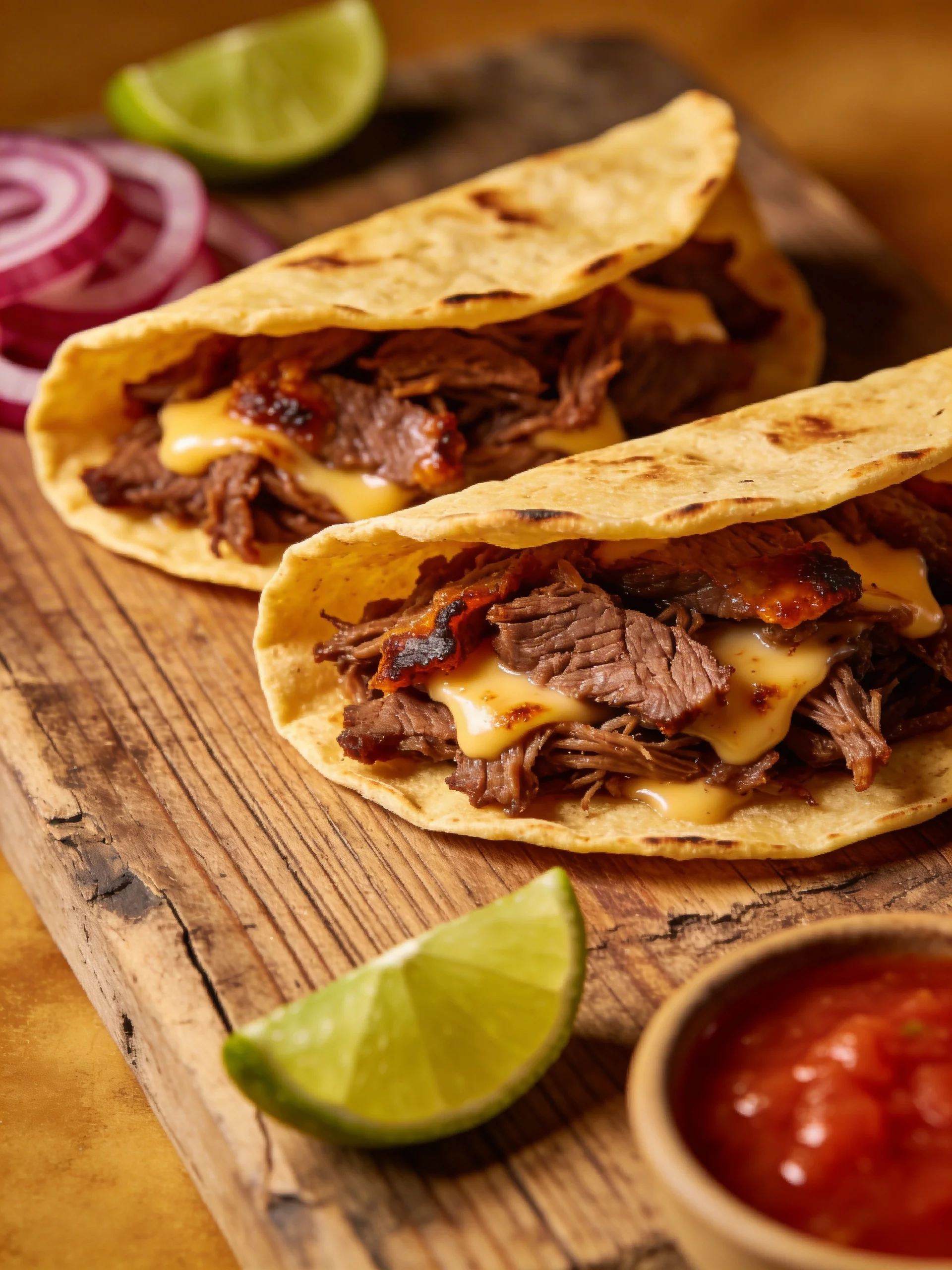 Quesabirria Tacos with Consomme and Pickled Onions