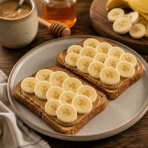 Banana slices arranged on almond butter toast