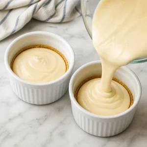 Cheesecake batter poured over graham cracker crusts in ramekins