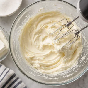 Cream cheese and sugar beaten smooth in a mixing bowl