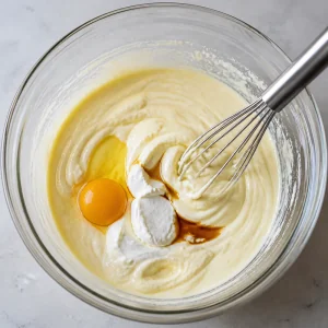 Egg, vanilla, and sour cream gently whisked into cheesecake batter