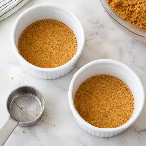 Graham cracker crusts pressed firmly into two white ramekins