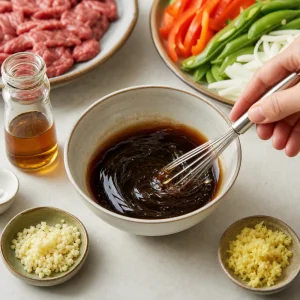 Salsa con aglio, zenzero e sesamo mescolata in una ciotola