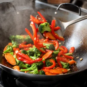 Peperone rosso aggiunto a broccoli e carote croccanti