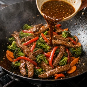Salsa versata su manzo e verdure nel wok