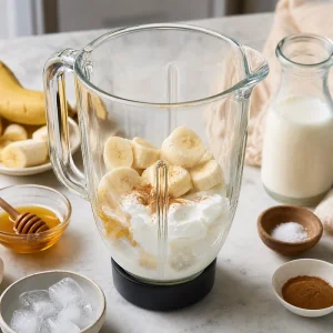Bananenstuecke, griechischer Joghurt, Honig, Milch, Eis, Zimt und Salz im Mixer