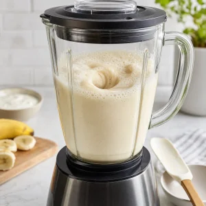 Cremiger Bananen-Honig-Shake mit griechischem Joghurt wird glatt und schaumig gemixt