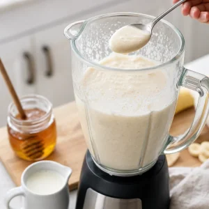 Ein Loeffel probiert den gemixten Bananen-Honig-Joghurt-Shake mit Honig und Milch zum Anpassen