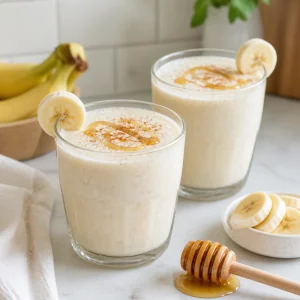 Zwei Glaeser cremiger Bananen-Honig-Shake mit griechischem Joghurt, Bananenscheiben und Honig