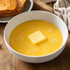 Butter on whisked eggs in a white bowl