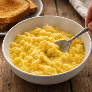 Softly set scrambled eggs with a spoon