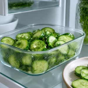 Cetrioli freddi all’aglio e aneto in un contenitore da frigorifero pronti per l’ultima mescolata e il servizio