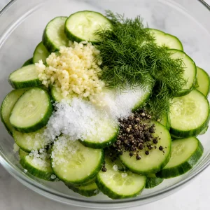 Fette di cetriolo con sale kosher aglio tritato pepe spezzato e aneto fresco