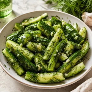 Quick garlicky salted cucumbers with fresh dill in a serving bowl