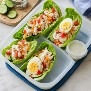 Finished turkey avocado lettuce boats packed with dressing and sliced eggs for lunch