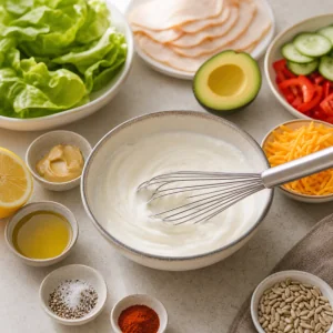 Greek yogurt lemon Dijon dressing being whisked for turkey avocado lettuce boats