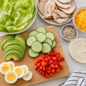 Sliced avocado, cucumber, red pepper and eggs prepped for turkey lettuce boats