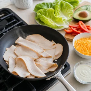 Sliced roasted turkey warming in a nonstick skillet for avocado lettuce boats