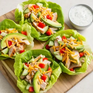 Turkey avocado lettuce boats assembled with cucumber, red pepper, cheddar and sunflower seeds