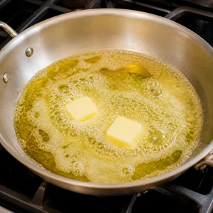 Butter melting with olive oil in a wide skillet