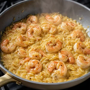 Cooked orzo and seared shrimp tossed in lemon garlic sauce
