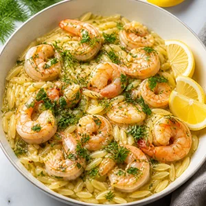 Finished shrimp and orzo topped with parsley, dill, and lemon wedges