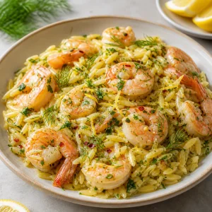 Lemon garlic butter shrimp with orzo and fresh herbs in a shallow bowl