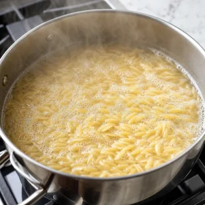 Orzo boiling in a pot of salted water