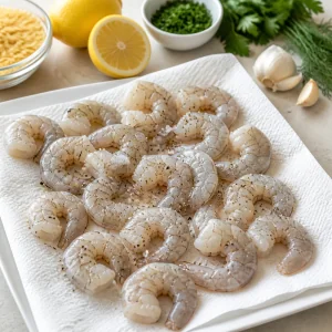 Raw shrimp drying on paper towels with salt and pepper