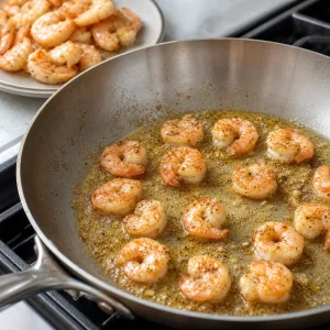 Shrimp searing in a hot skillet until pink