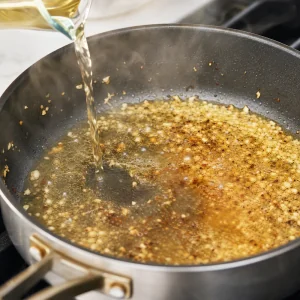 White wine deglazing garlic butter pan sauce