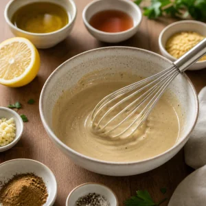 Sauce crémeuse tahini-citron fouettée dans un bol en céramique