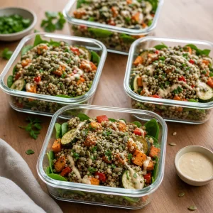 Salade quinoa-lentilles répartie dans des boîtes à lunch