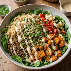 Salade de quinoa et lentilles avec légumes rôtis et sauce tahini
